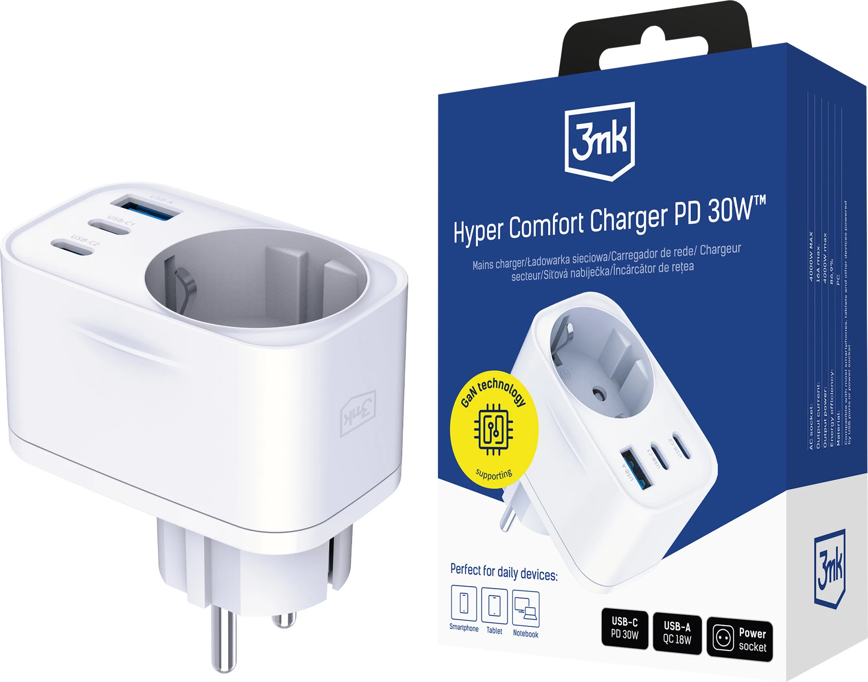 Karikues 3mk Hyper Comfort Charger GaN PD 30W, i bardhë