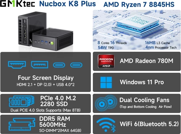 Mini kompjuter GMKtec K8 Plus Ryzen 7 8845HS 32GB RAM 1TB SSD Windows 11 Pro, i zi