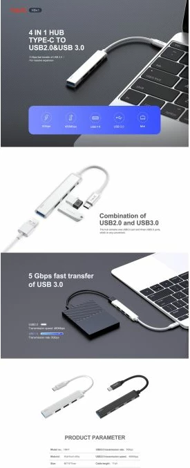 Hub USB-C HAVIT HB41 4-port (3x USB 2.0, 1x USB 3.0) alumini, argjendtë/bardhë