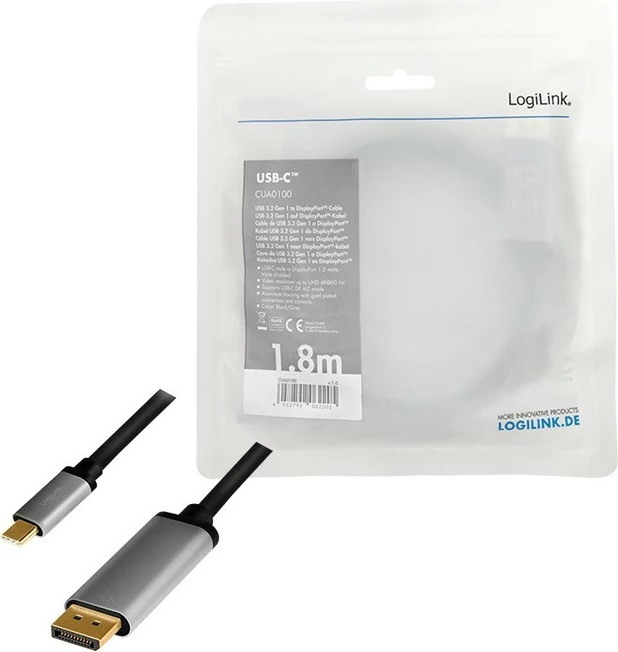 Kabllo USB-C në DisplayPort LogiLink CUA0100, 1.8m, 4K 60Hz, Zezë/Gri