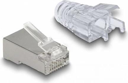 Konektor RJ45 DeLOCK 66905, Cat6 FTP, për kabllo AWG23, me mbrojtës këndi, 50 copë, transparent/metalike