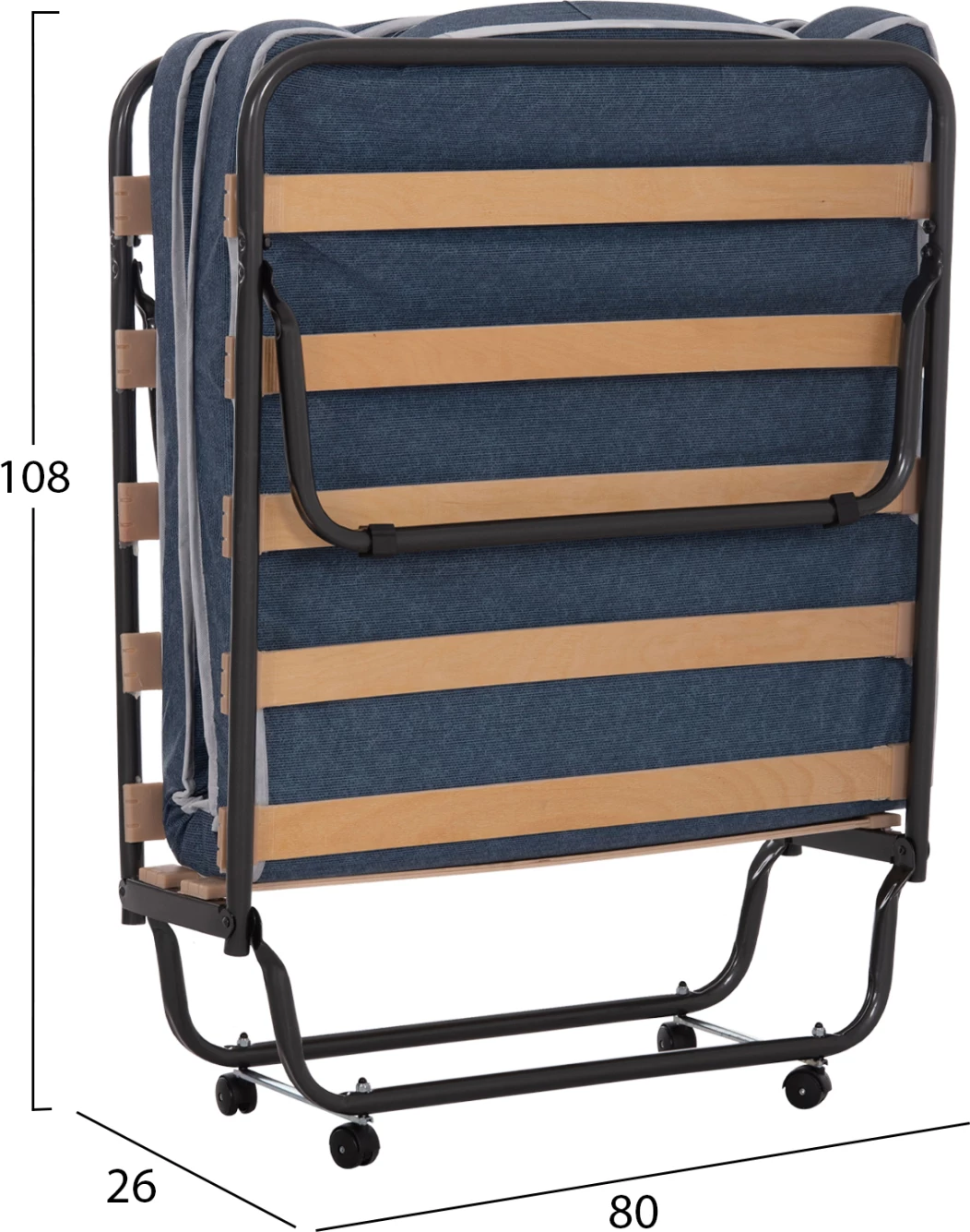 Krevat palosës metalik me rrota, dyshek 6.5cm, pamje xhinse blu, 80x183x37.5cm