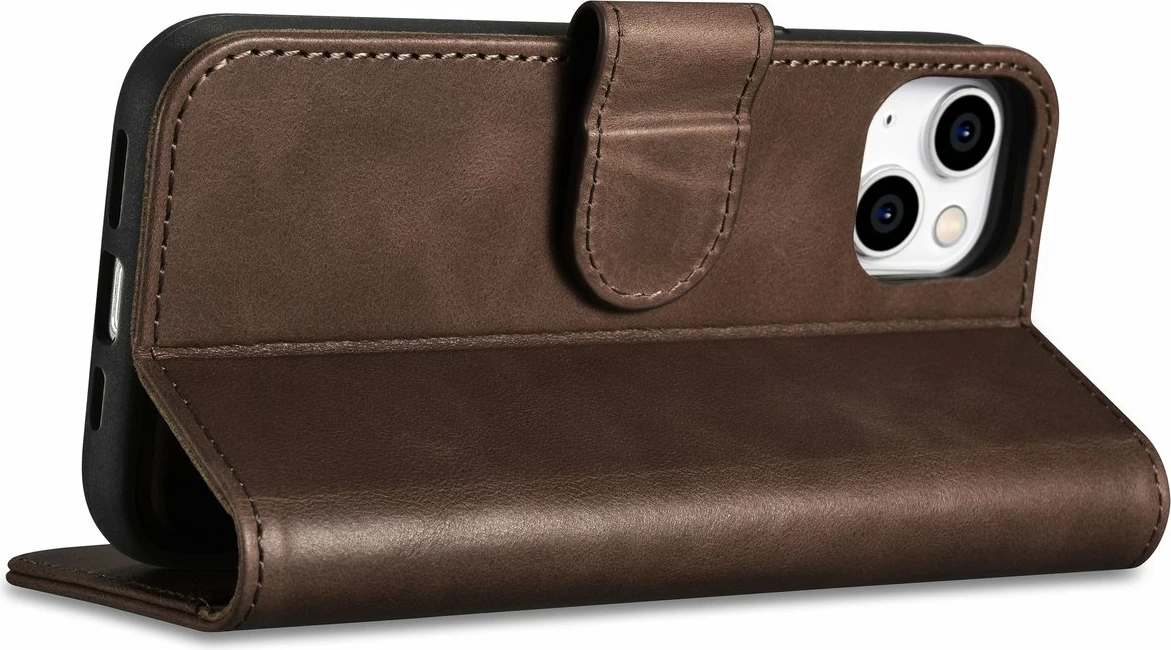 Mbështjellës iCarer Oil Wax Wallet 2in1 për iPhone 14 Plus, lëkurë natyrale, Anti-RFID, Kafe