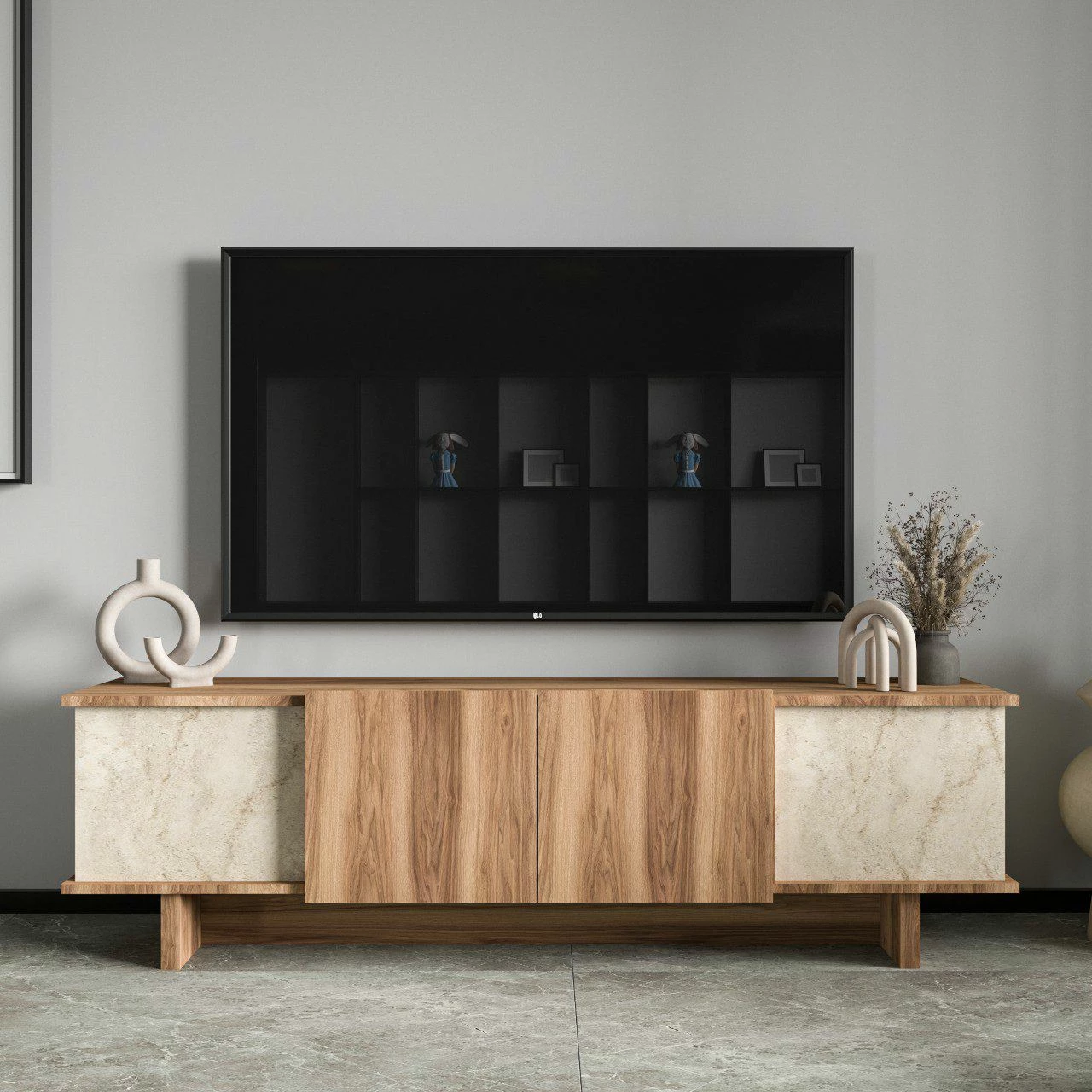 Komodë TV Skye Decor, ngjyrë travertin dhe arre, Diana