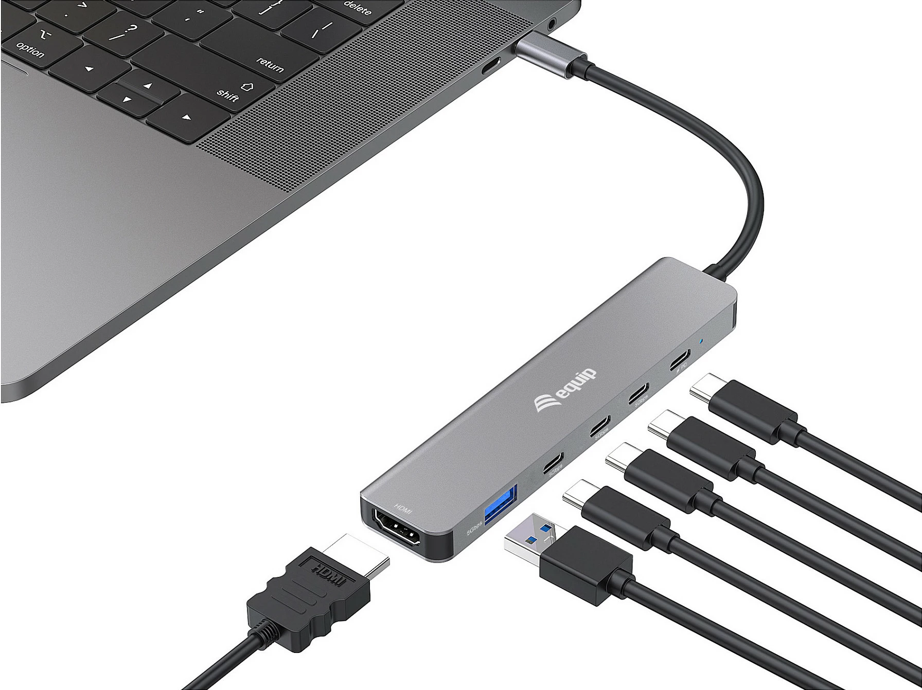 Adapter USB-C EQUIP 133500, 6-në-1, HDMI 4K, USB-A 5Gbps, USB-C x4, PD 100W, gri