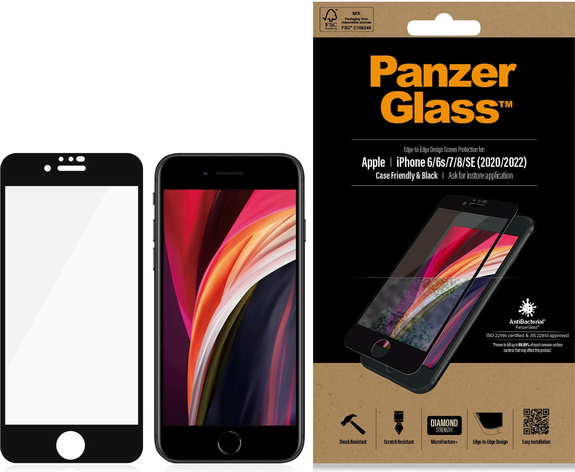 Mbështjellës ekrani PanzerGlass për iPhone 6/7/8/SE 2020/2022, transparent, kornizë e zezë