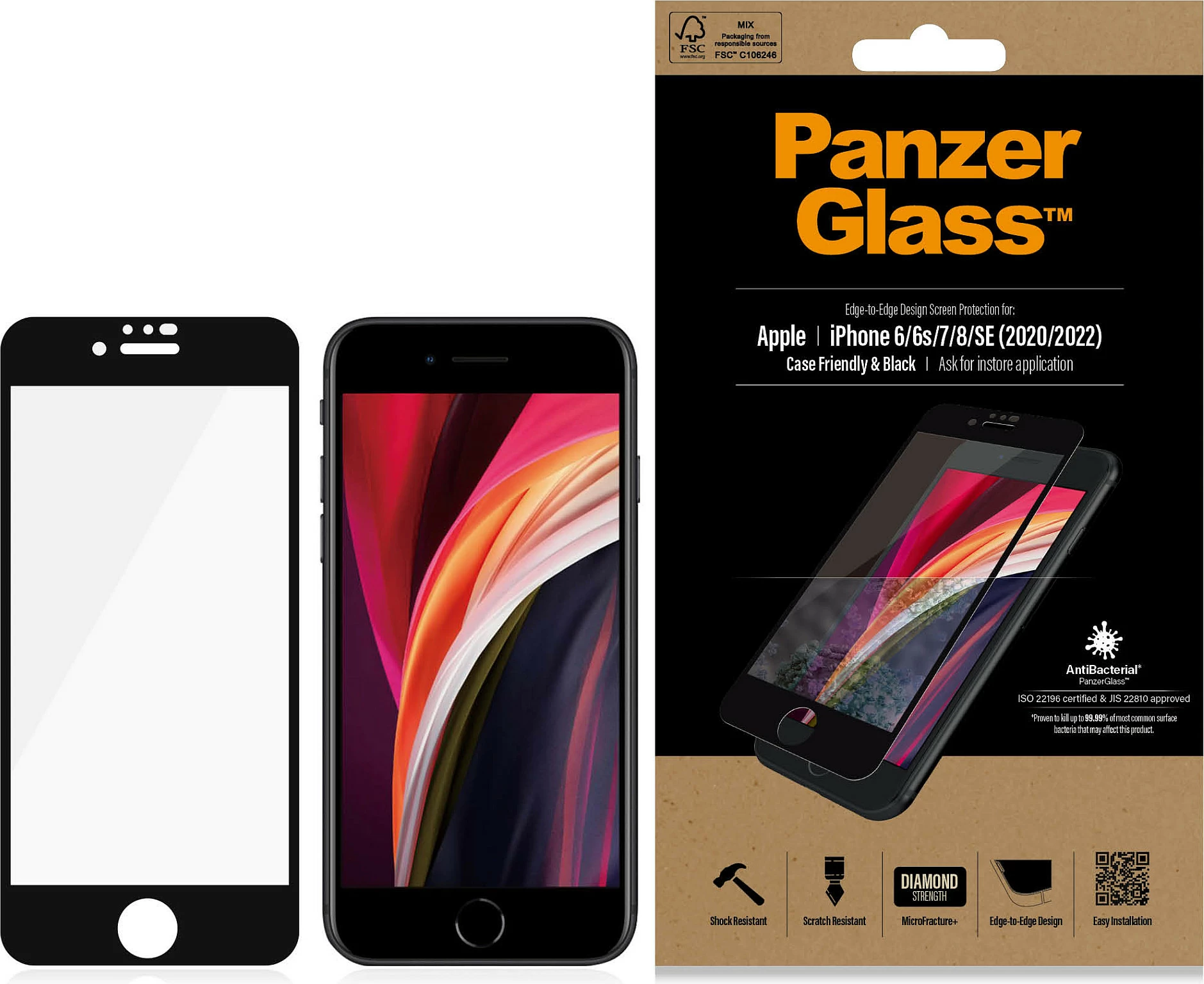 Mbështjellës ekrani PanzerGlass për iPhone 6/7/8/SE 2020/2022, transparent, kornizë e zezë