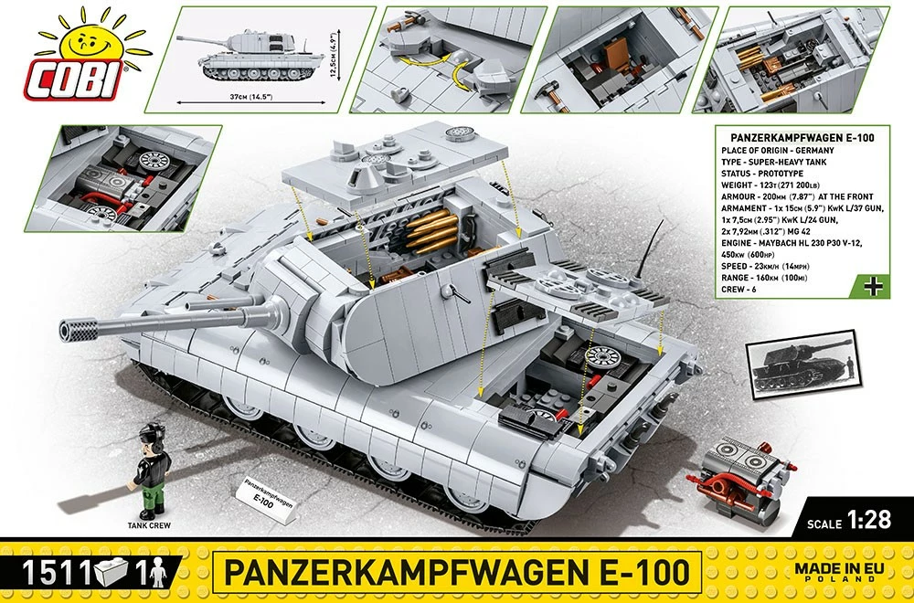 Set blloqesh Cobi Klocki Panzerkampfwagen E-100, 1511 pjesë, me figurë, Gri