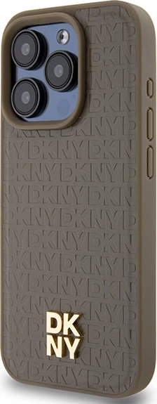 Mbështjellës DKNY Leather Pattern Metal Logo MagSafe për iPhone 15 Pro Max, kafe
