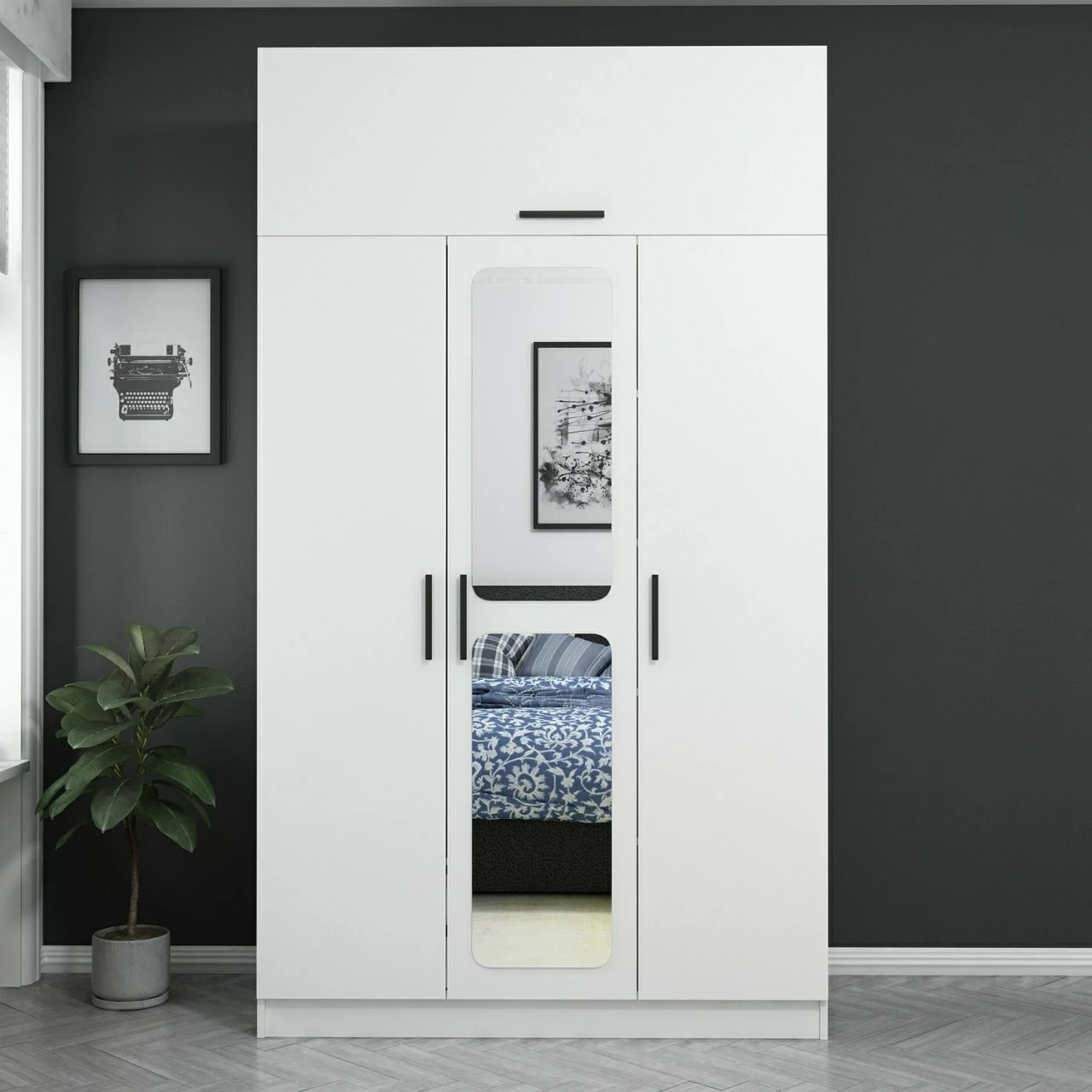 Dollap Skye Decor, Kale 3 kapak me pasqyrë, i bardhë, 255cm