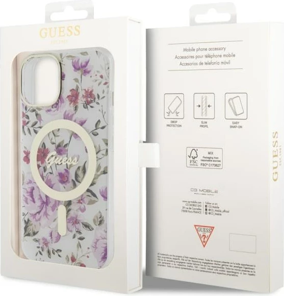 Mbështjellës Guess Flower MagSafe për iPhone 14, Transparent
