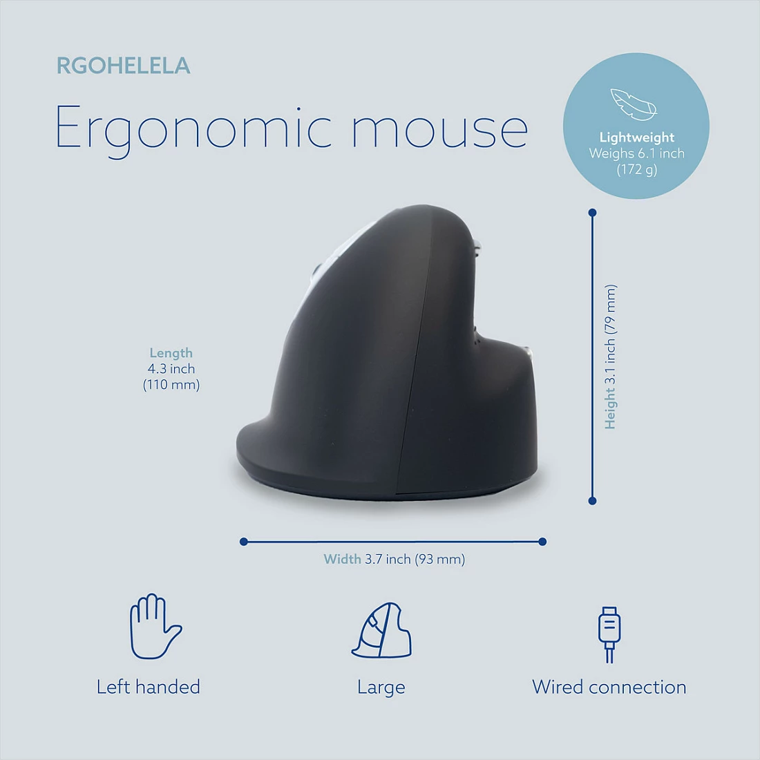 Maus R-Go HE, ergonomik i madh, USB, 2400 DPI, për të majtë, i zi/argjendtë
