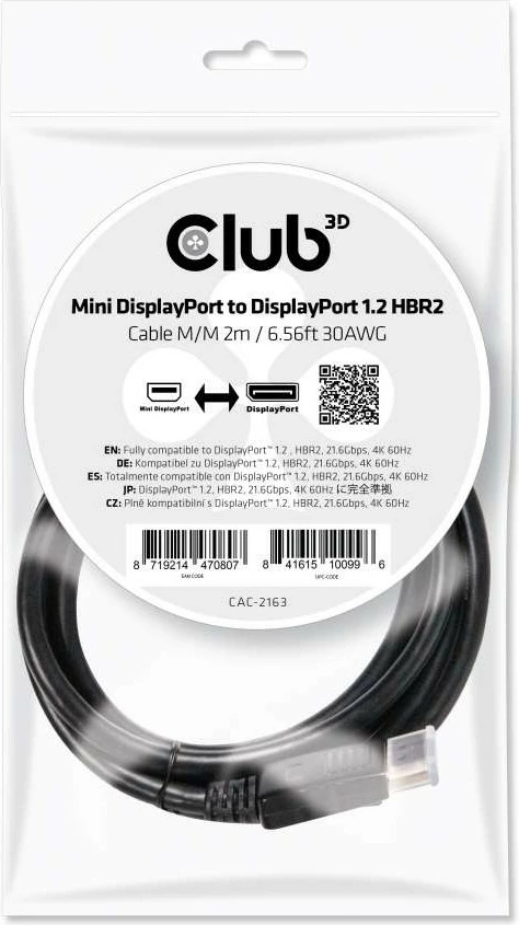 Kabllo Club3D Mini DisplayPort në DisplayPort 2m, 4K, e zezë