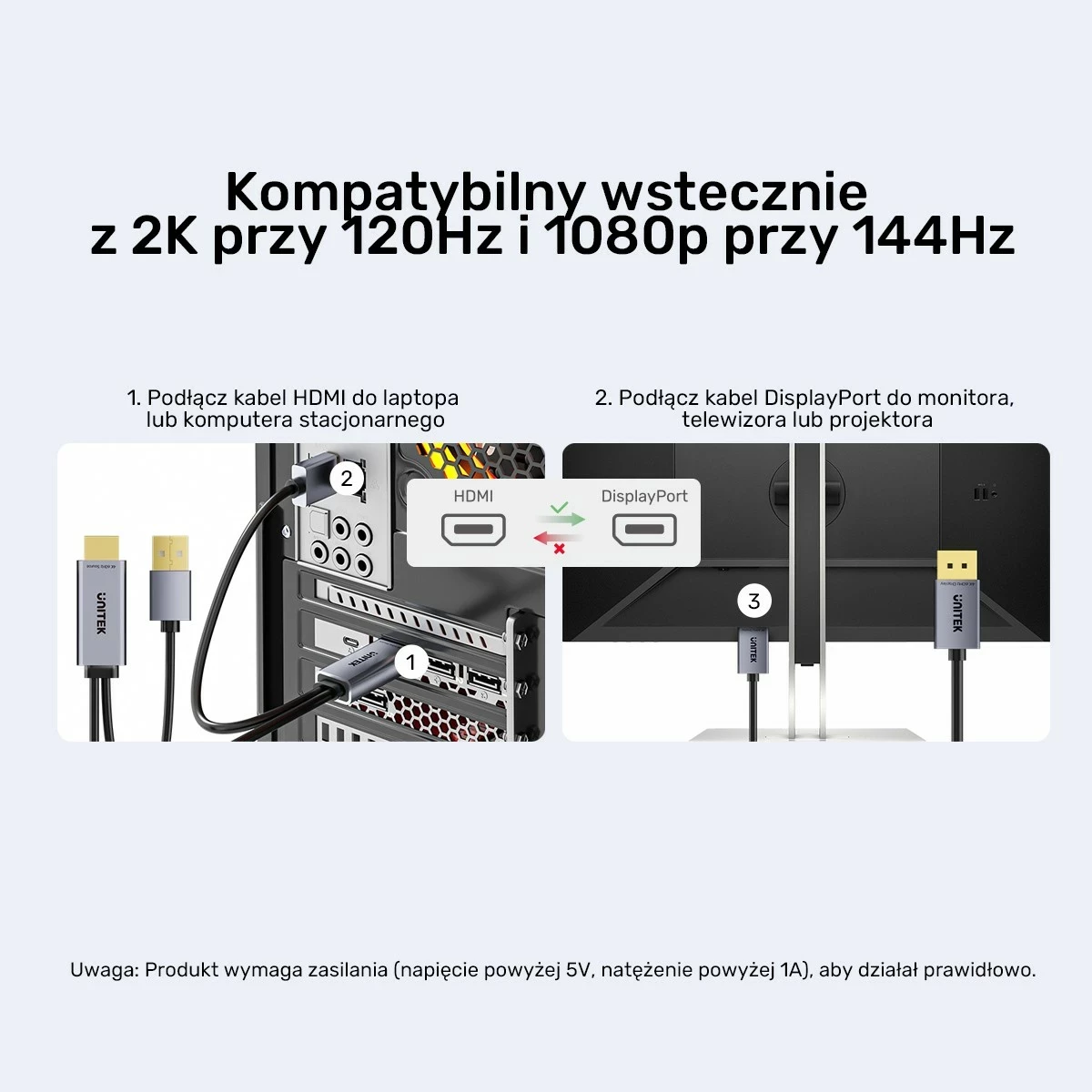 Kabllo Unitek HDMI në DisplayPort, 4K 60Hz, HDR, me furnizim USB-A, 1.8 m, e zezë-gri