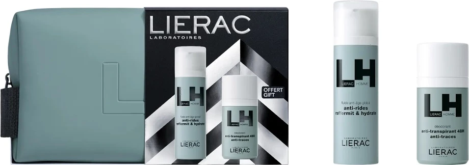 Set për burra LIERAC Homme emulsion kundër plakjes 50ml + deodorant roll-on 50ml + çantë kozmetike