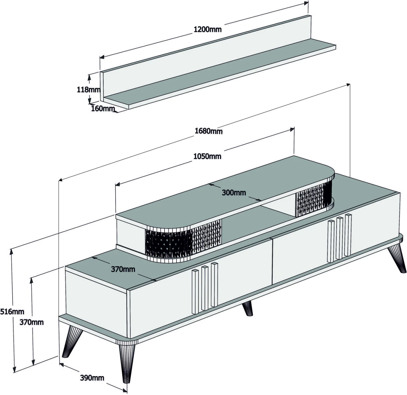 Mobilje TV kombo FH9515.03 melaminë, ngjyrë e bardhë dhe arre, 168x39x51.6Hcm