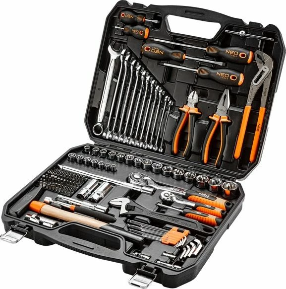 Set veglash Neo 08-945 143 copë (1/2\" & 1/4\"), portokalli/zezë, në valixhe