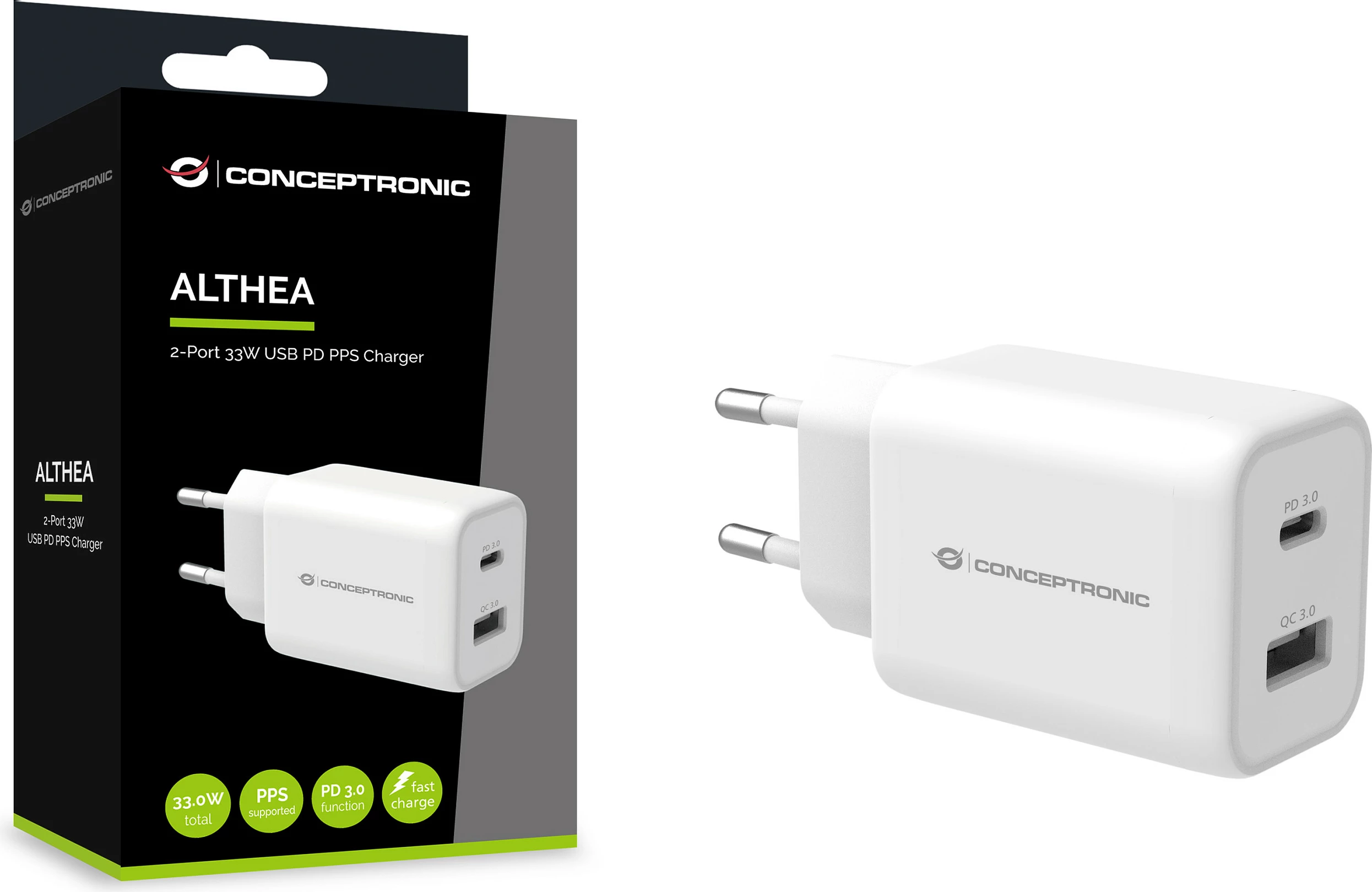 Karikues Conceptronic ALTHEA 33W, 2 porta USB-C PD 3.0 (PPS) + USB-A QC 3.0, i bardhë