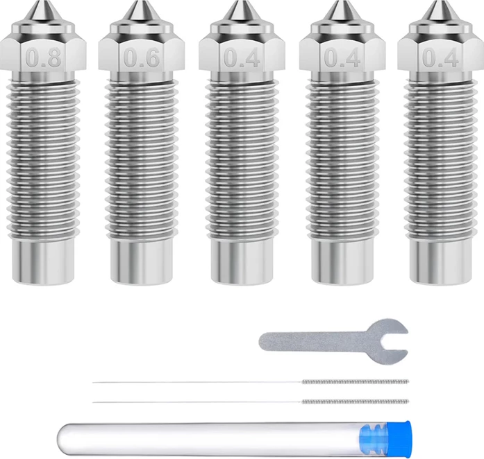 Set grykash 3D printeri Elegoo Neptune 4 Plus / 4 Max 50.204.0090, çelik i ngurtësuar, 0.4mm x3 + 0.6mm x1 + 0.8mm x1 (set me 5 grykë + aksesorë)