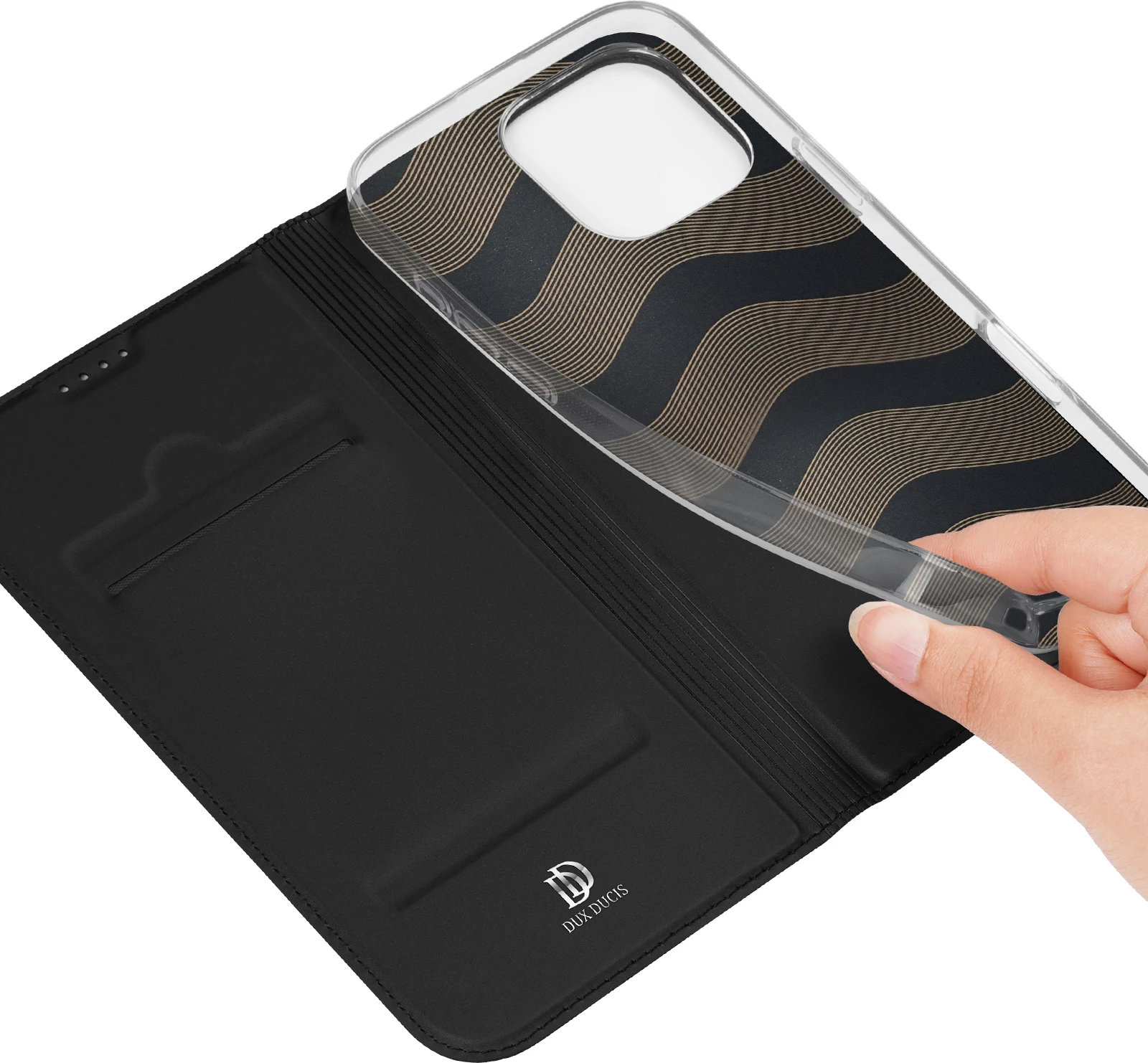 Mbështjellës Dux Ducis Skin Pro për iPhone 16 Pro, me kapak dhe xhep për kartela, e zezë