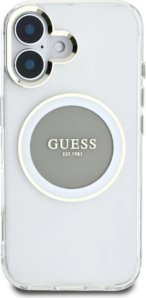 Mbështjellës Guess IML Metal Colored Circle Classic Logo MagSafe për iPhone 16, Gri