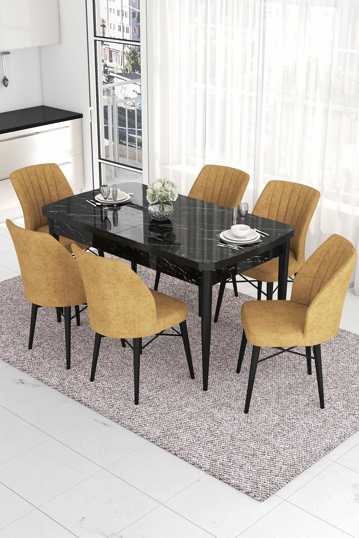 Tavolinë me karrige, zgjatshme, 7 copë, Skye Decor, sipërfaqe mermeri të zi, karrige kapuçino