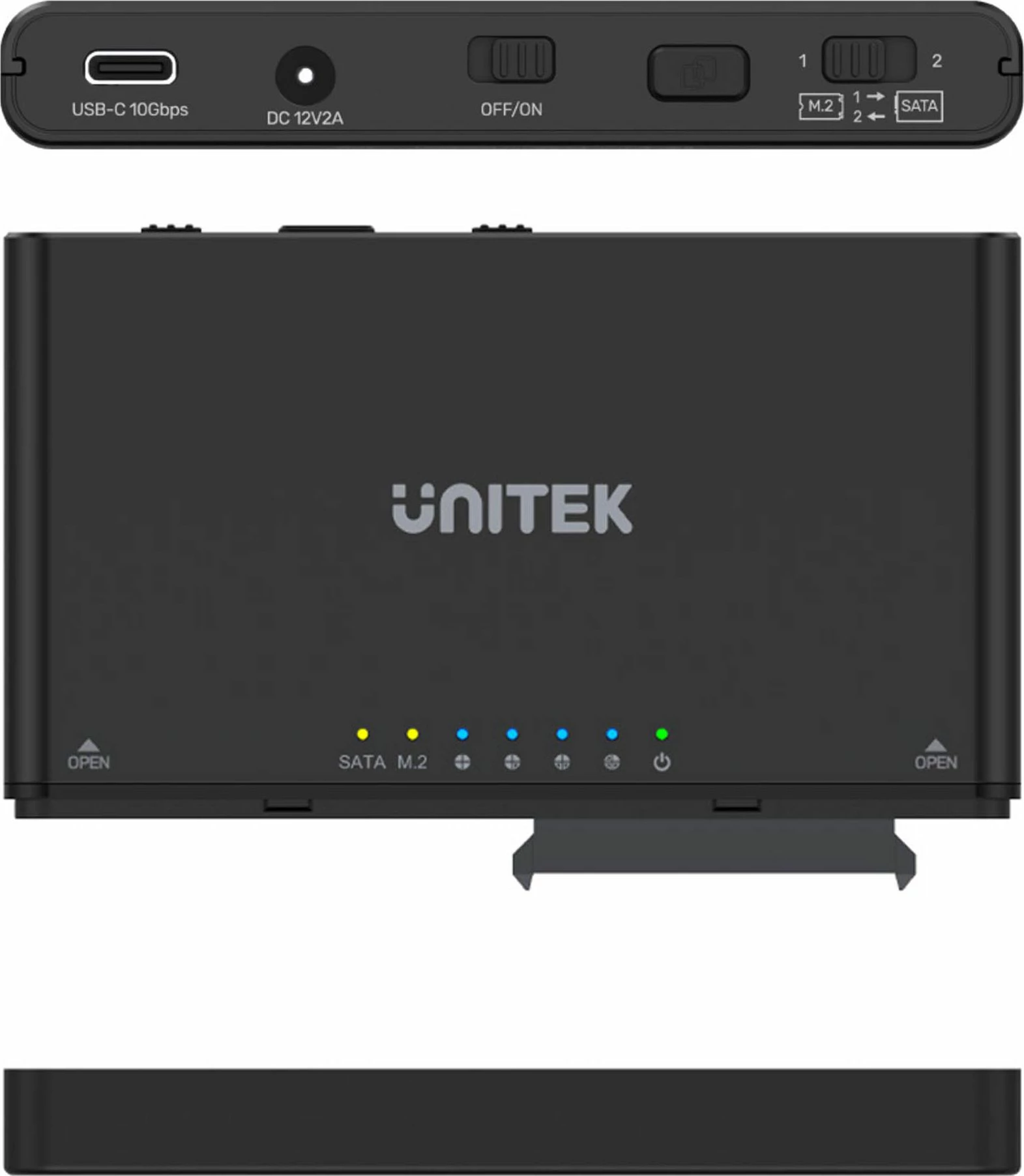 Kasë e jashtme për disqe Unitek S1222A, NVMe M.2 + SATA 2.5\"/3.5\", USB-C 3.2 Gen 2 10Gbps, klonim offline, e zezë 3