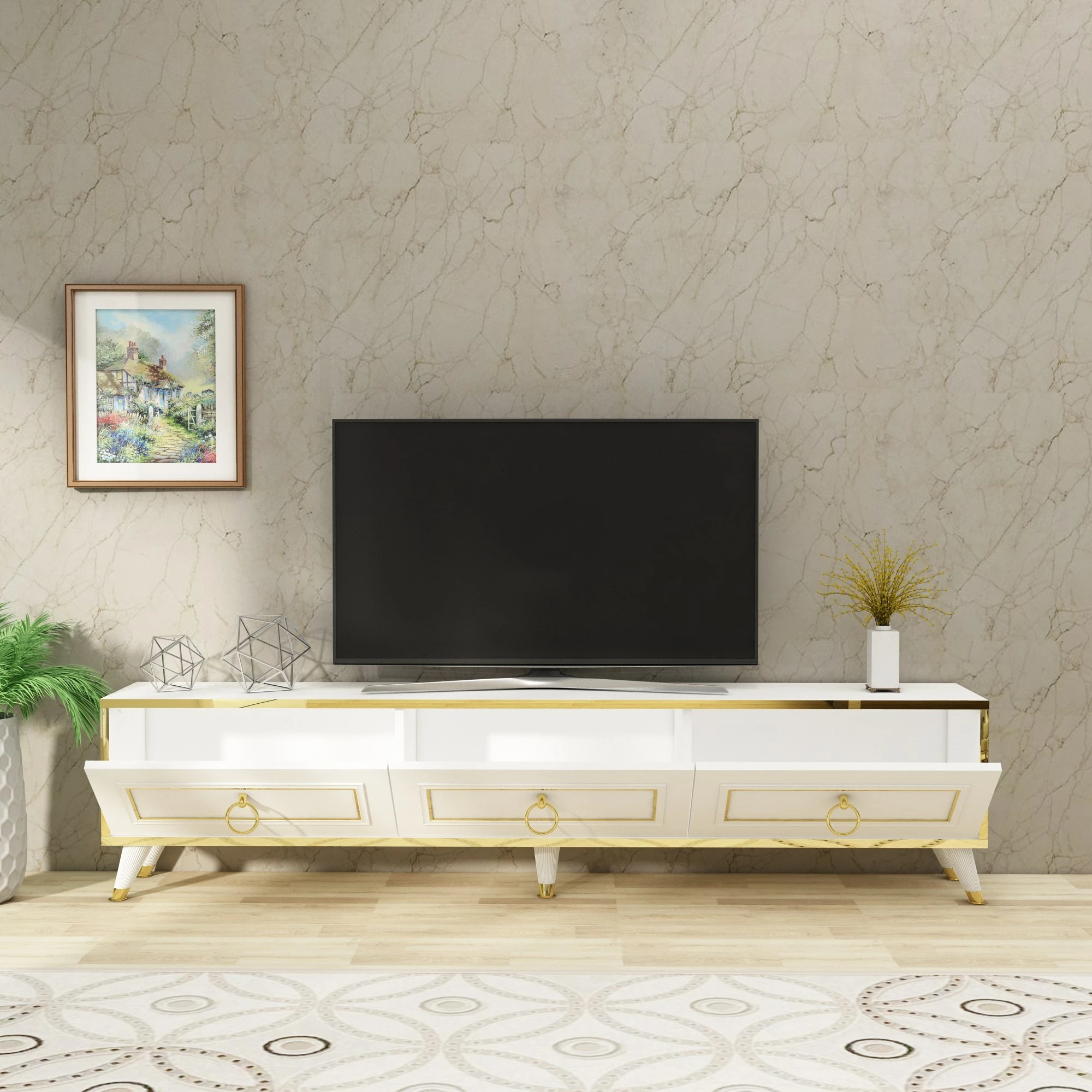 Komodë TV Hanah Home, Sona, e bardhë me të artë
