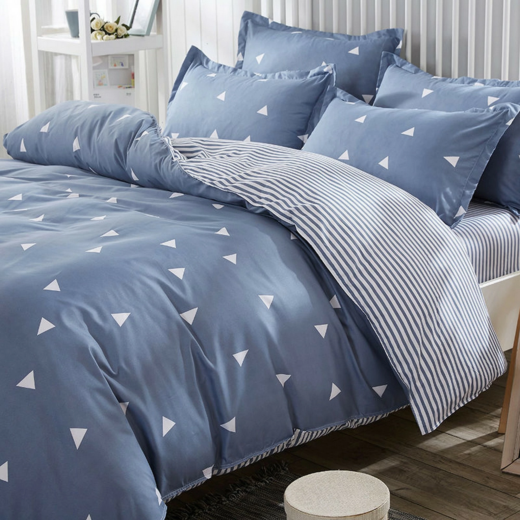 Set mbulesë për jorgan Super King, L'essentiel, trekëndësha, blu-bardhë