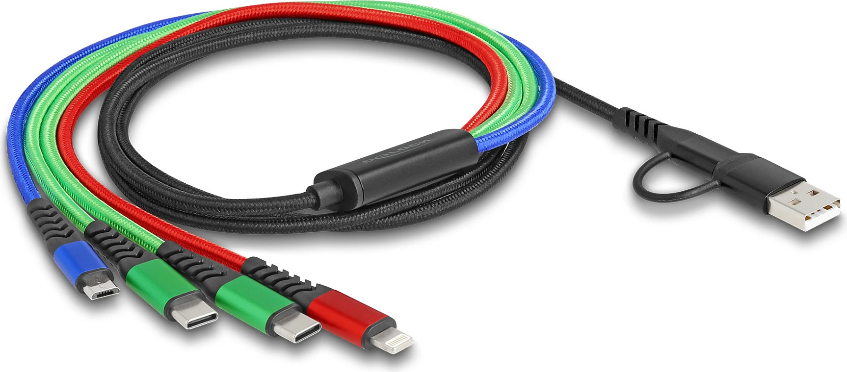 Kabllo karikimi DeLOCK 4-në-1, USB-A/USB-C në Lightning + Micro-USB + 2x USB-C, 1.2 m, 3A, zi/blu/jeshile/kuqe