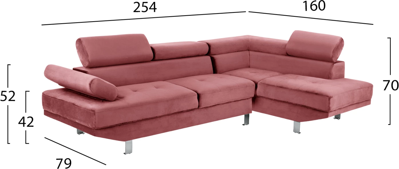 Divan qoshe FAITH, ngjyrë rozë e pluhurosur, këmbë metalike, FH3156.02, 254x79-160x70H-84H cm