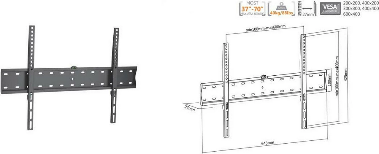 Mbajtëse muri për TV/Monitor EQUIP 37"-70", VESA 600x400, 40kg, e zezë