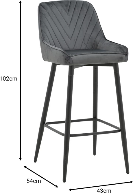 Karrige për bar Deppy, kadife antracit, metal i zi, 43x54x102cm, set prej 2 copash