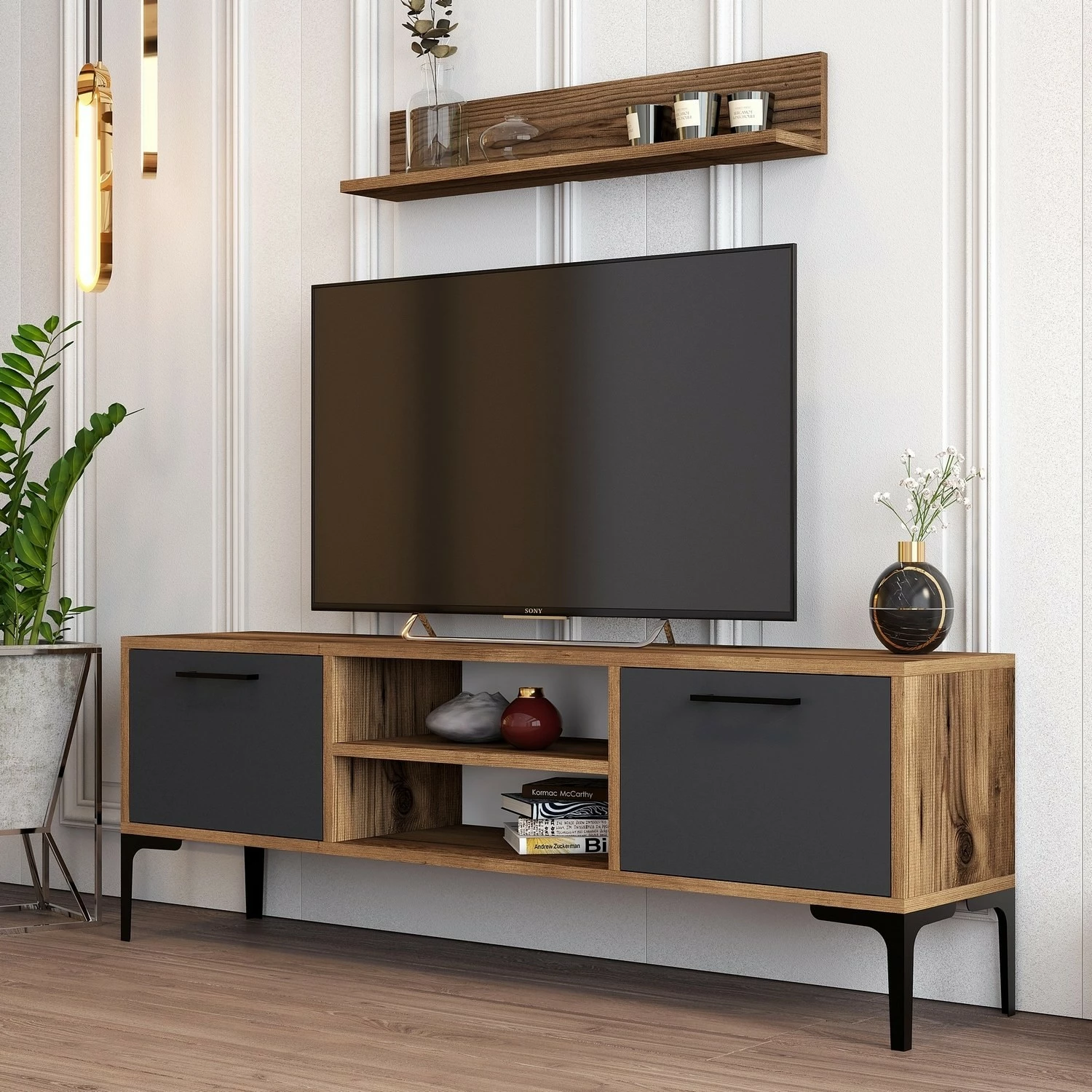 Komodë TV Hanah Home, Riga, ngjyrë arrë dhe antracit