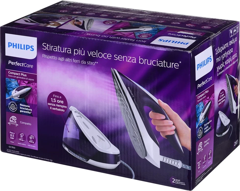 Hekur për hekurosje me mbajtëse Philips PerfectCare Compact Plus GC7933/30, 2400W, i vjollcë