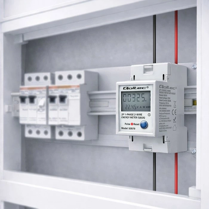 Matës konsumit energjie njëfazore Qoltec 50979, DIN TH35, 230V 60A, LCD/LED, RESET, 2P, gri