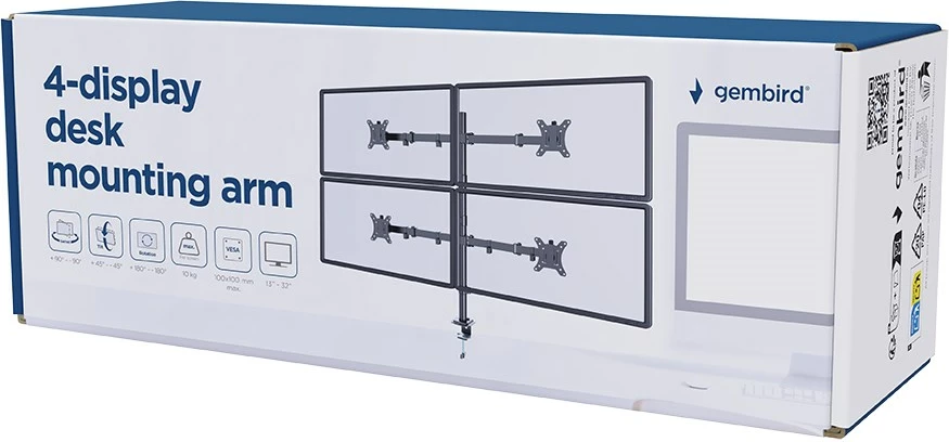 Krah montimi për tavolinë GEMBIRD MA-D4-01 për 4 monitorë, 13-32 inç, i zi