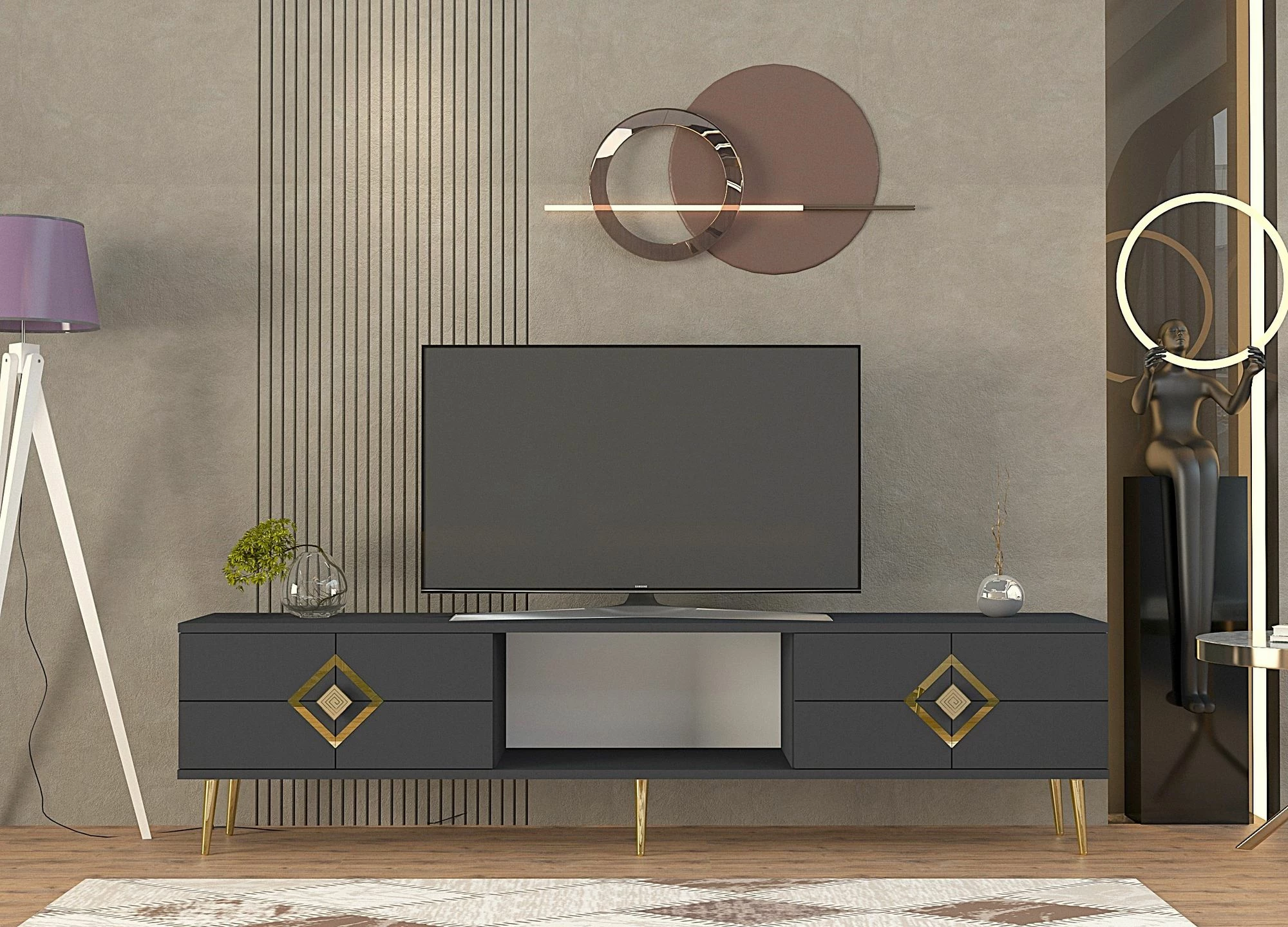 Komodë TV Skye Decor, ngjyrë antracit, detaje ari