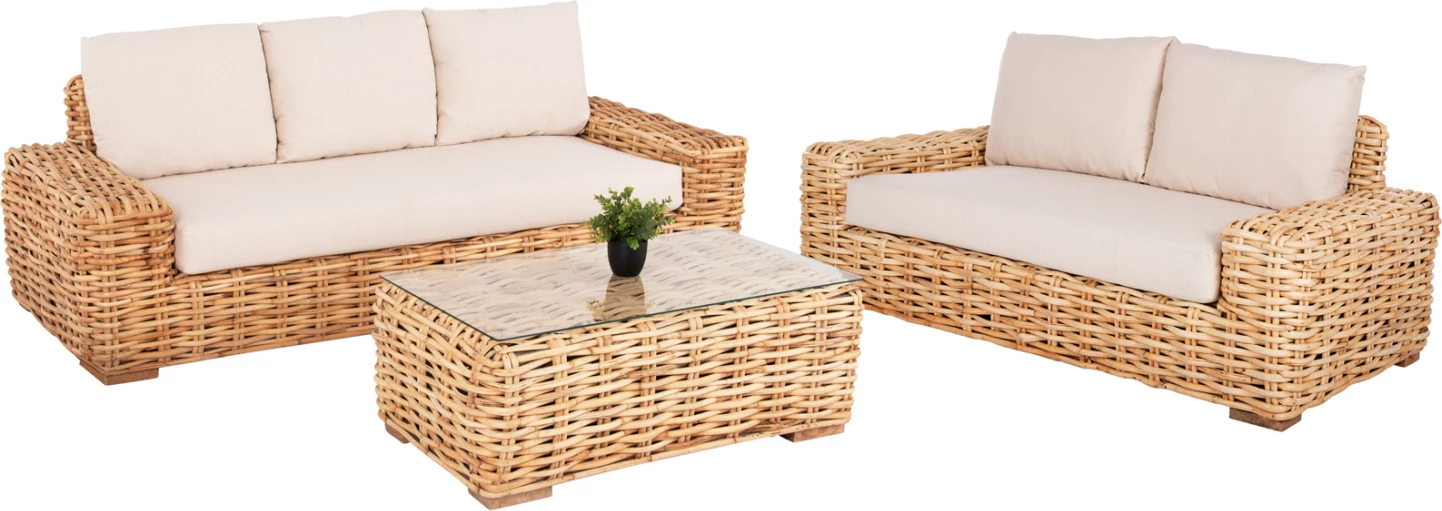 Set salloni për jashtë TROPEL FH11941, 3 pjesë, ratan natyral & jastëkë të bardhë