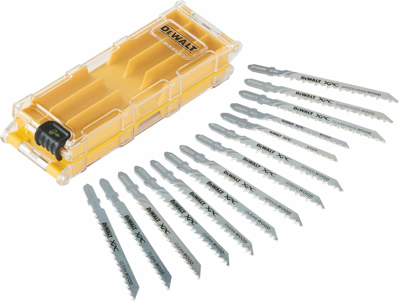 Set tehësh sharrë Dewalt DT2298, 14 copë, me kuti 2-anëshe, e verdhë