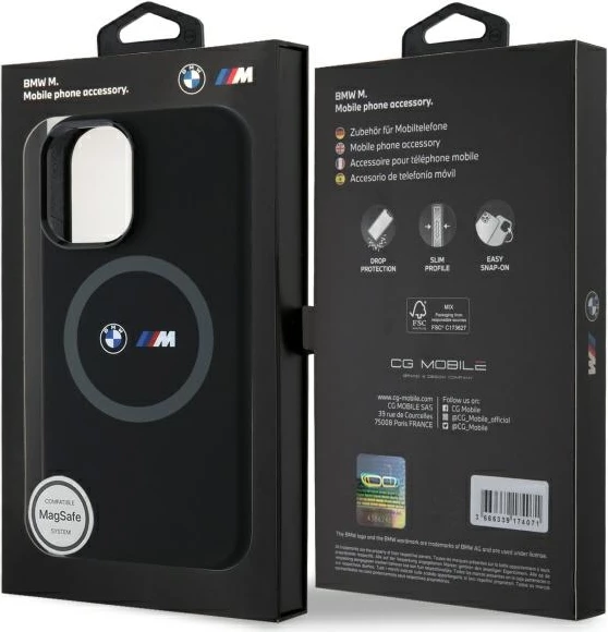 Mbështjellës BMW M për iPhone 16, silikon, MagSafe, i zi