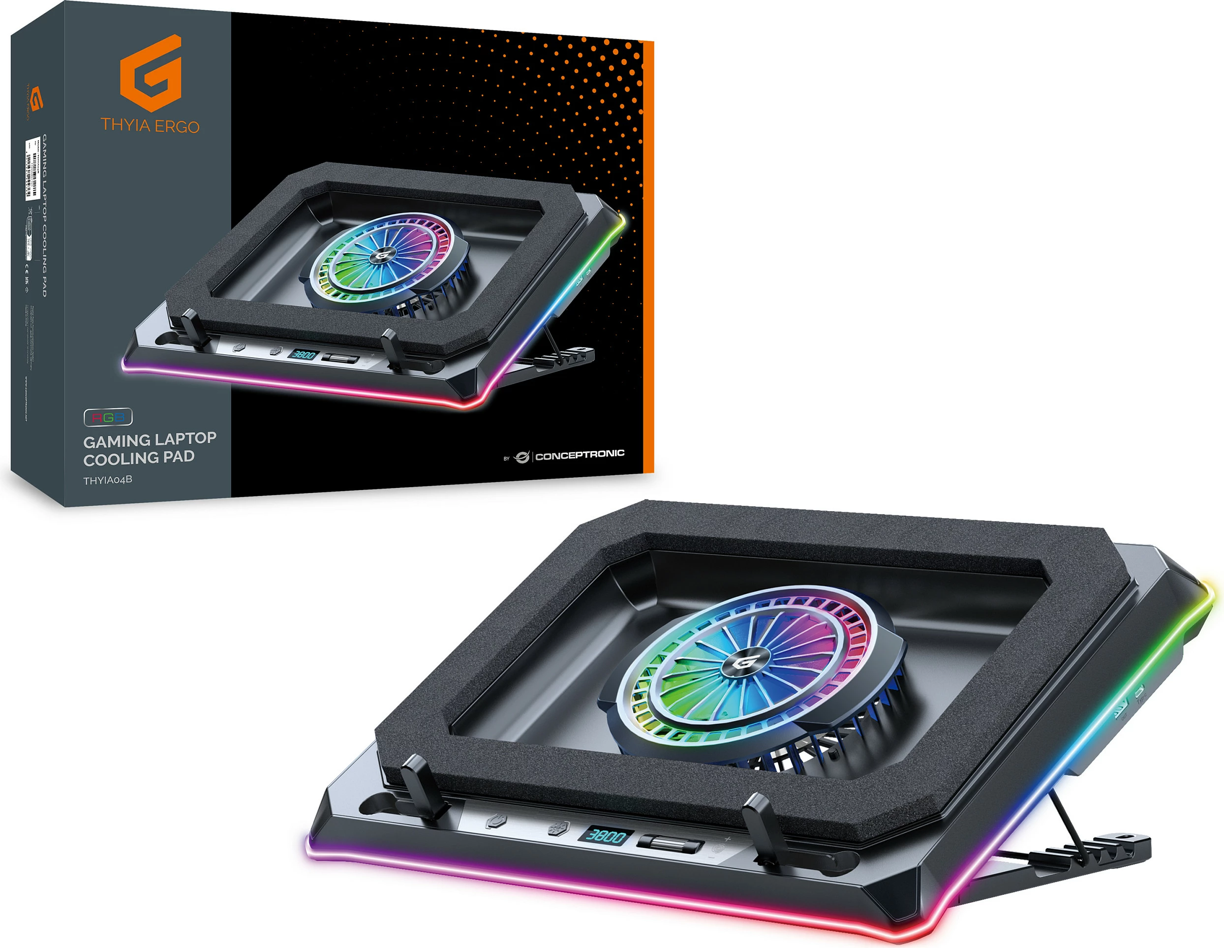 Cooling pad për laptop Conceptronic, USB-C, ventilator 130mm, mbajtës telefoni, me RGB