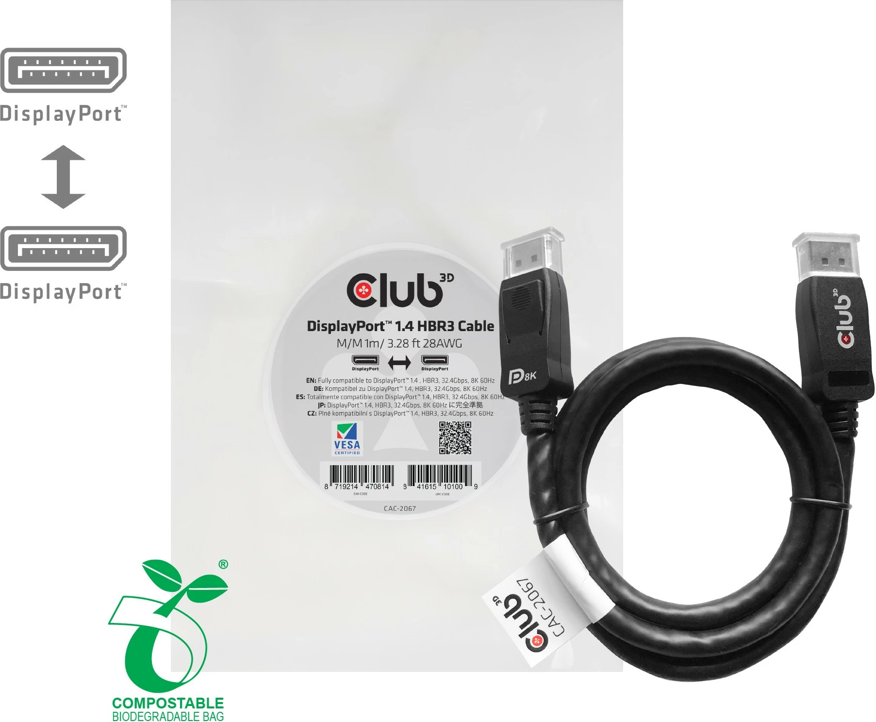 Kabllo DisplayPort Club3D 1.4 HBR3, 1m, 32.4Gb/s, e zezë