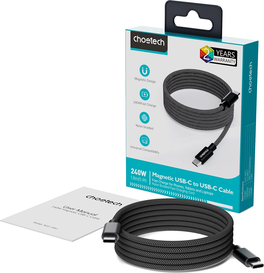 Kabllo magnetike USB-C Choetech XCC-1052, 1.2m, 100W, e zezë