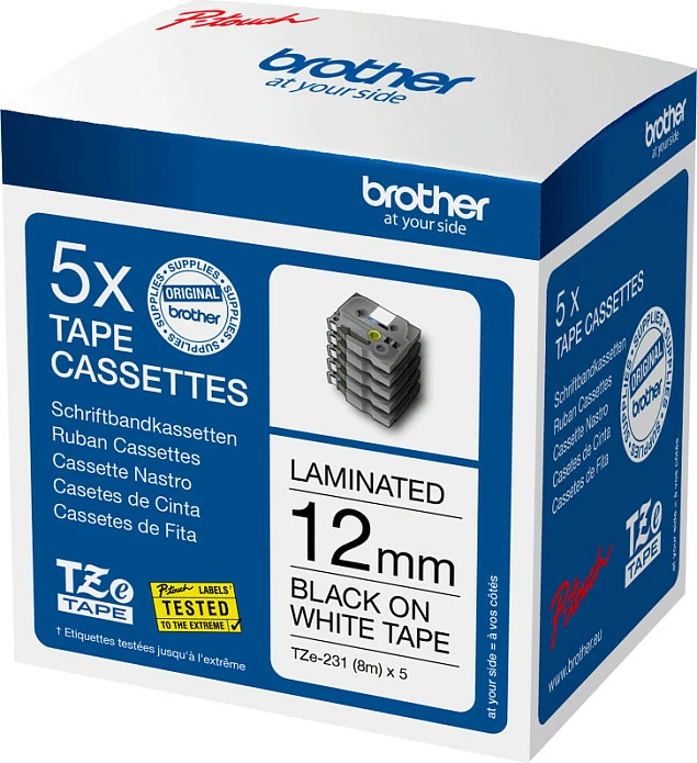 Kasetë shirit etikete Brother TZE-231M5, 12mm x 8m, 5 copë, bardh/zi