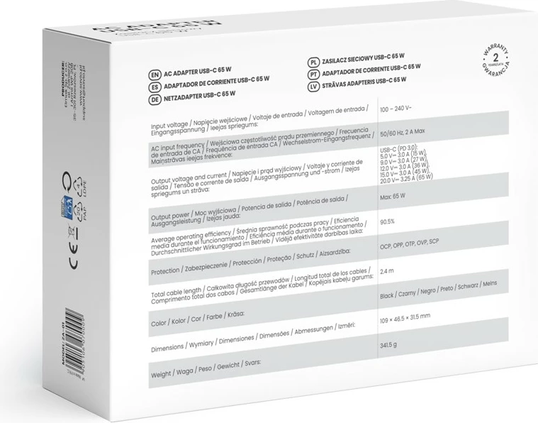Karikues USB-C, Savio, ZA-01, 65W PD 3.0, kabllo 2.4 m, e zezë