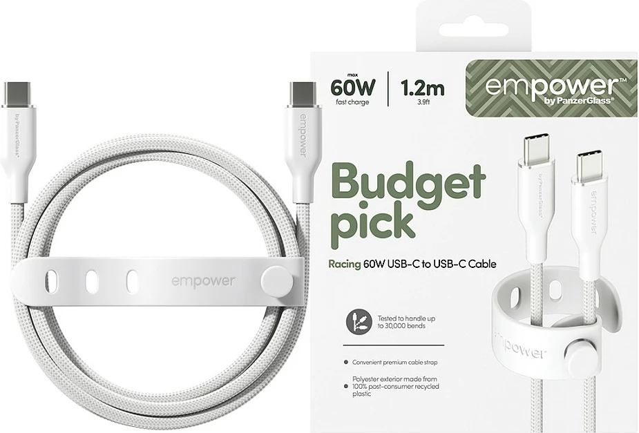 Kabllo USB-C në USB-C PanzerGlass empower Racing, 60W, USB 2.0, 1.2m, e bardhë