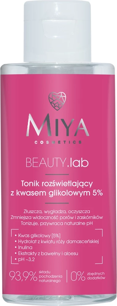 Toner ndriçues për fytyrë Miya Cosmetics BEAUTY Lab Brightening me acid glikolik 5%, 150ml