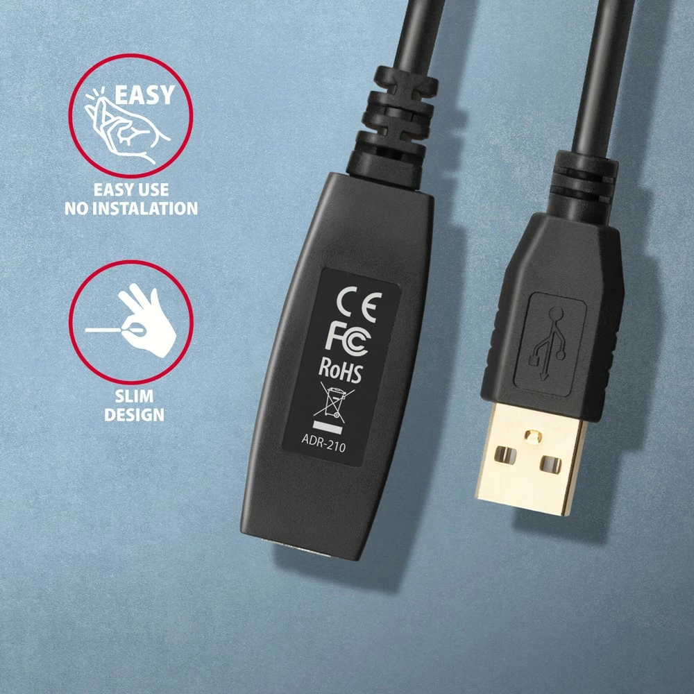 Kabllo zgjatues aktiv USB 2.0 AXAGON ADR-210, 10m, e zezë