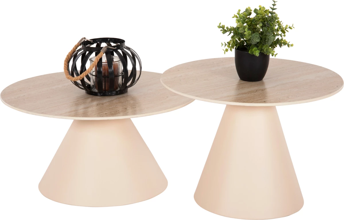 Tavolina anësore 2 copë NANZA FH9927 metalike me sipërfaqe qeramike krem-bezhë Φ50&Φ60 cm